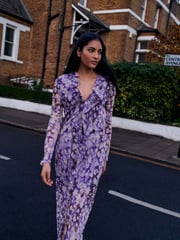 Lilac Purple Long Sleeve Mesh Ruffle Maxi Dress - Image 3 of 6