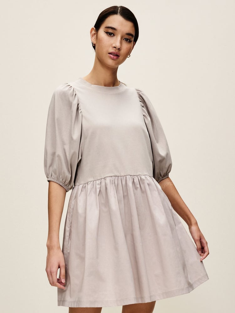 Grey Puff Sleeve Mini Jersey Dress - Image 1 of 6