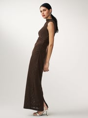 Brown Diamond Textured Sleeveless Ruched Maxi Dress - Image 1 of 6