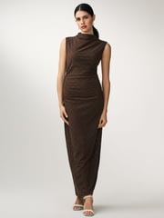 Brown Diamond Textured Sleeveless Ruched Maxi Dress - Image 2 of 6