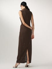 Brown Diamond Textured Sleeveless Ruched Maxi Dress - Image 3 of 6