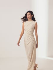Ecru White Diamond Textured Sleeveless Ruched Maxi Dress - Image 1 of 6
