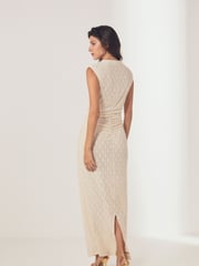 Ecru White Diamond Textured Sleeveless Ruched Maxi Dress - Image 3 of 6