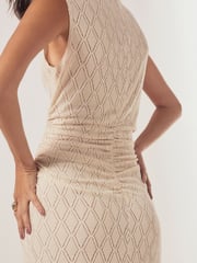 Ecru White Diamond Textured Sleeveless Ruched Maxi Dress - Image 4 of 6