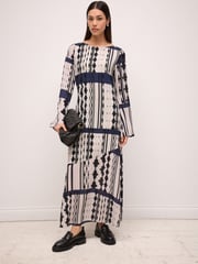Navy and White Geo Print Long Sleeve Column Maxi Dress - Image 1 of 1
