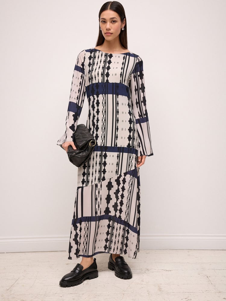 Navy and White Geo Print Long Sleeve Column Maxi Dress - Image 1 of 1