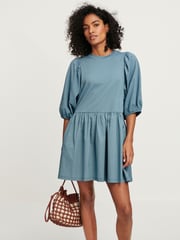 Denim Blue Puff Sleeve Mini Jersey Dress - Image 1 of 6