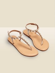 Sosandar Gold Rhinestone Trim Toe Post Leather Flat Sandals - Image 1 of 3