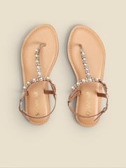 Sosandar Gold Rhinestone Trim Toe Post Leather Flat Sandals - Image 2 of 3