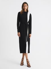 Reiss Black/White Millie Contrast Stripe Belted Midi Dress - Image 1 of 5