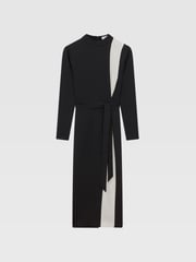 Reiss Black/White Millie Contrast Stripe Belted Midi Dress - Image 2 of 5