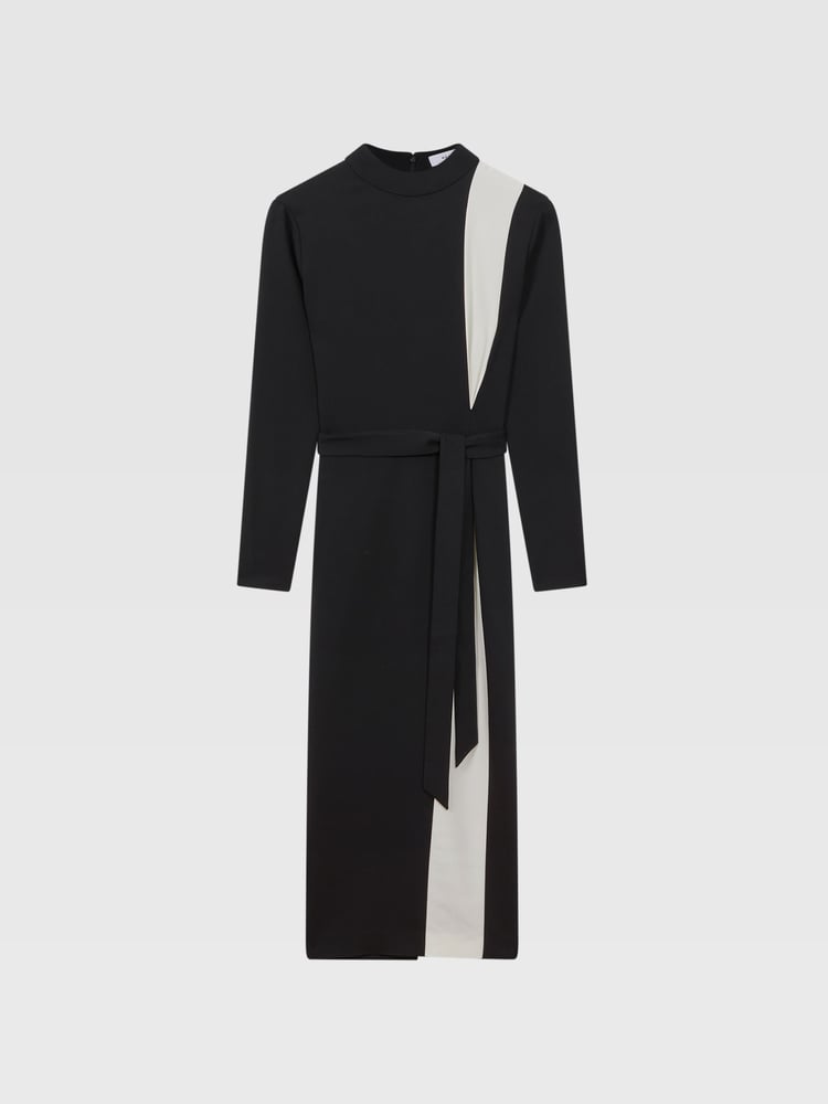Reiss Black/White Millie Contrast Stripe Belted Midi Dress - Image 2 of 5