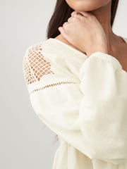 Ecru Long Sleeve V-Neck Crochet Cutwork Blouse - Image 4 of 7