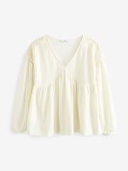 Ecru Long Sleeve V-Neck Crochet Cutwork Blouse - Image 6 of 7