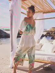 Cream/Green Tropical Off Shoulder Wide Leg Jumpsuit - Image 3 of 6