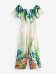 Cream/Green Tropical Off Shoulder Wide Leg Jumpsuit - Image 5 of 6