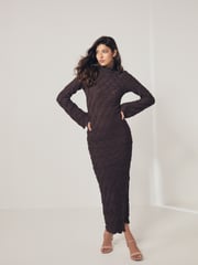 Brown Long Sleeve Textured Column Dress - Image 1 of 7