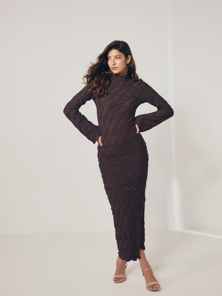 Brown Long Sleeve Textured Column Dress - Image 1 of 7