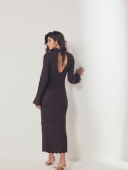 Brown Long Sleeve Textured Column Dress - Image 2 of 7