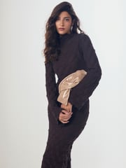 Brown Long Sleeve Textured Column Dress - Image 3 of 7