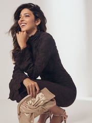 Brown Long Sleeve Textured Column Dress - Image 4 of 7