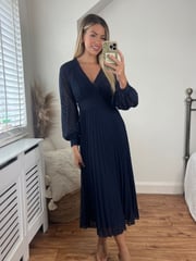 Style Cheat Navy Blue Dannica Pleated Balloon Sleeve Maxi Dress - Image 1 of 4