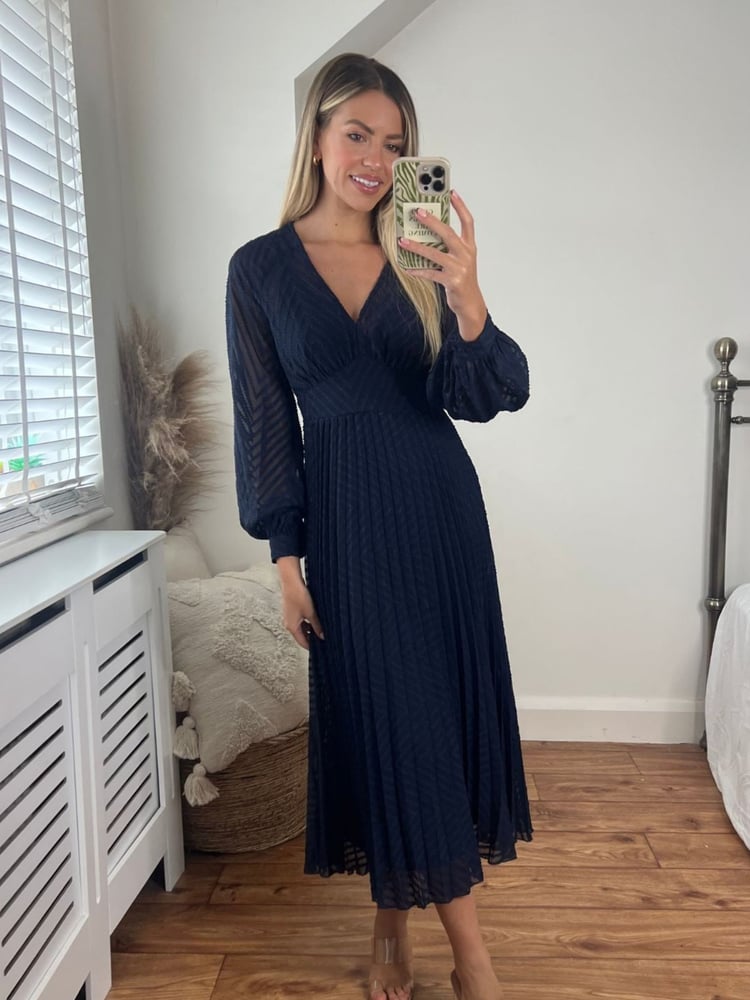 Style Cheat Navy Blue Dannica Pleated Balloon Sleeve Maxi Dress - Image 1 of 4