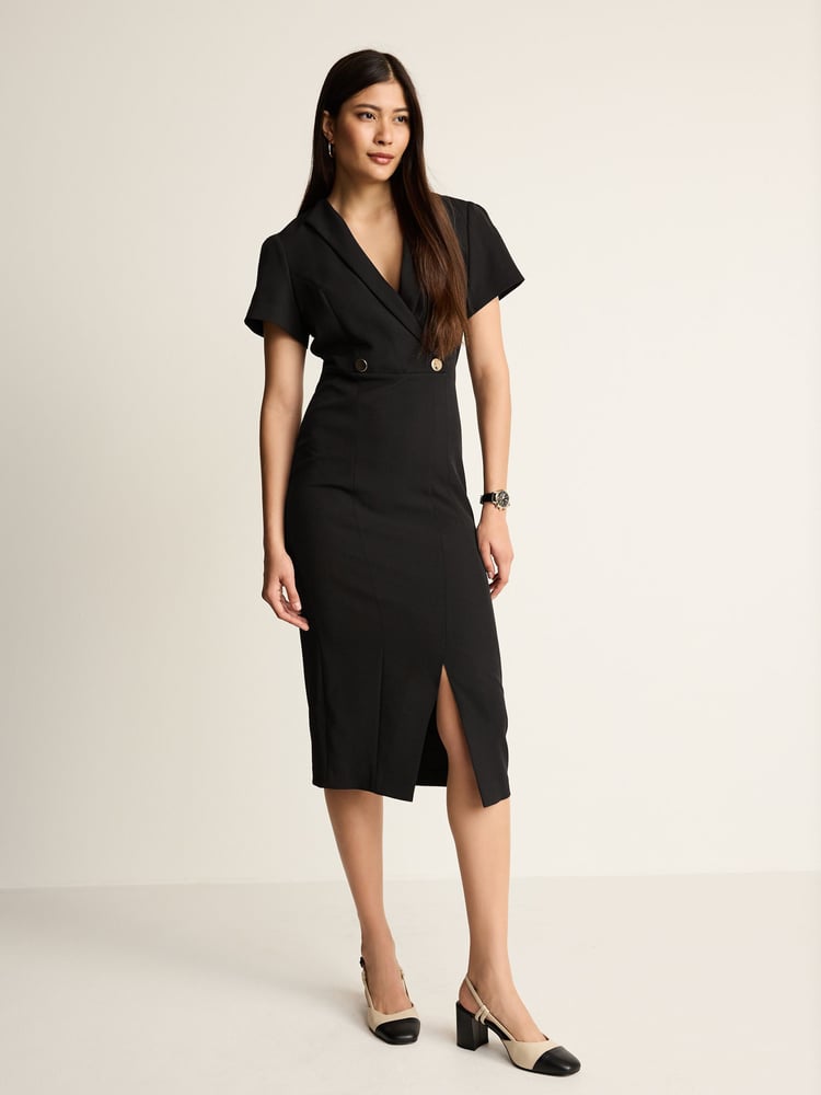 Black Tailored Crepe Midi Dress - Image 1 of 6