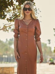 Sosandar Brown Faux Leather Popper Front Pencil Dress With Pockets - Image 4 of 4