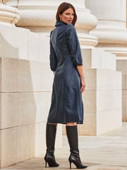 Sosandar Blue Faux Leather Popper Front Shirt Dress - Image 5 of 7