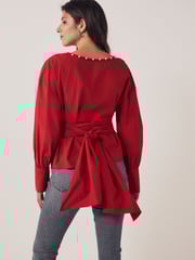 Red Long Sleeve Wrap Pearl Detail Shirt - Image 3 of 7