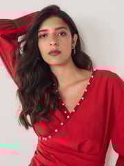 Red Long Sleeve Wrap Pearl Detail Shirt - Image 4 of 7