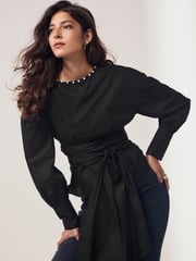 Black Long Sleeve Wrap Pearl Detail Shirt - Image 1 of 8