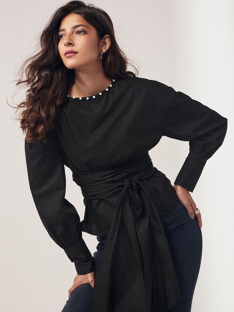 Black Long Sleeve Wrap Pearl Detail Shirt - Image 1 of 8