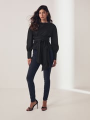 Black Long Sleeve Wrap Pearl Detail Shirt - Image 2 of 8