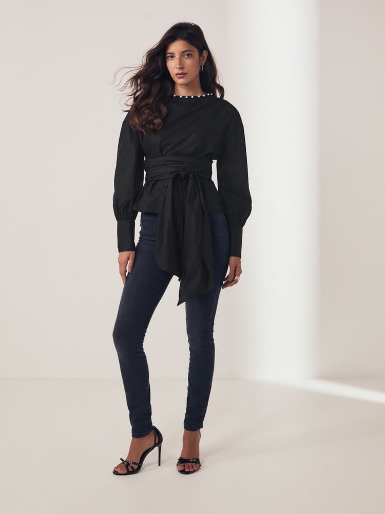 Black Long Sleeve Wrap Pearl Detail Shirt - Image 2 of 8