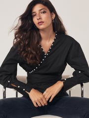 Black Long Sleeve Wrap Pearl Detail Shirt - Image 3 of 8
