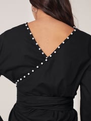Black Long Sleeve Wrap Pearl Detail Shirt - Image 4 of 8