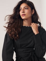 Black Long Sleeve Wrap Pearl Detail Shirt - Image 5 of 8