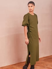 Khaki Green Ruched Side Puff Sleeve Midi Dress - Image 1 of 5