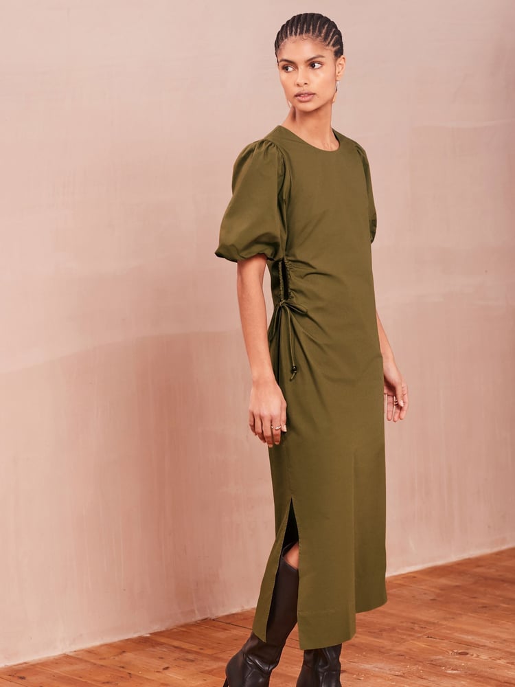 Khaki Green Ruched Side Puff Sleeve Midi Dress - Image 1 of 5