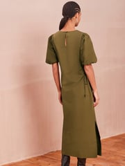 Khaki Green Ruched Side Puff Sleeve Midi Dress - Image 2 of 5