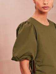 Khaki Green Ruched Side Puff Sleeve Midi Dress - Image 3 of 5