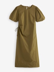 Khaki Green Ruched Side Puff Sleeve Midi Dress - Image 4 of 5