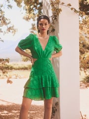 Green Crochet Volume Short Sleeve Cut-Out Mini Dress - Image 1 of 6
