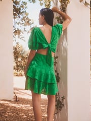 Green Crochet Volume Short Sleeve Cut-Out Mini Dress - Image 2 of 6