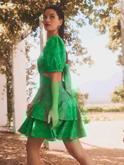 Green Crochet Volume Short Sleeve Cut-Out Mini Dress - Image 3 of 6