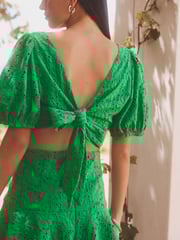 Green Crochet Volume Short Sleeve Cut-Out Mini Dress - Image 4 of 6