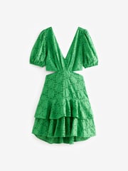 Green Crochet Volume Short Sleeve Cut-Out Mini Dress - Image 5 of 6