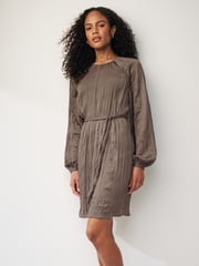 Brown Long Sleeve Crinkle Satin Mini Dress - Image 1 of 6